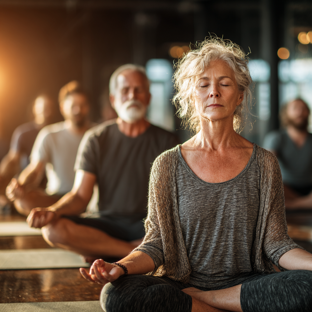 Group of diverse middle-aged people in comfortable yoga clothes practicing gentle yoga poses on mats in a serene studio with natural lighting