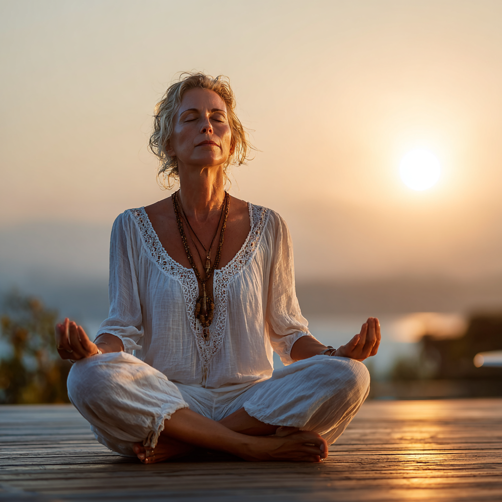Peaceful middle-aged woman in white yoga attire sitting in lotus position with closed eyes, practicing meditation in a bright natural setting